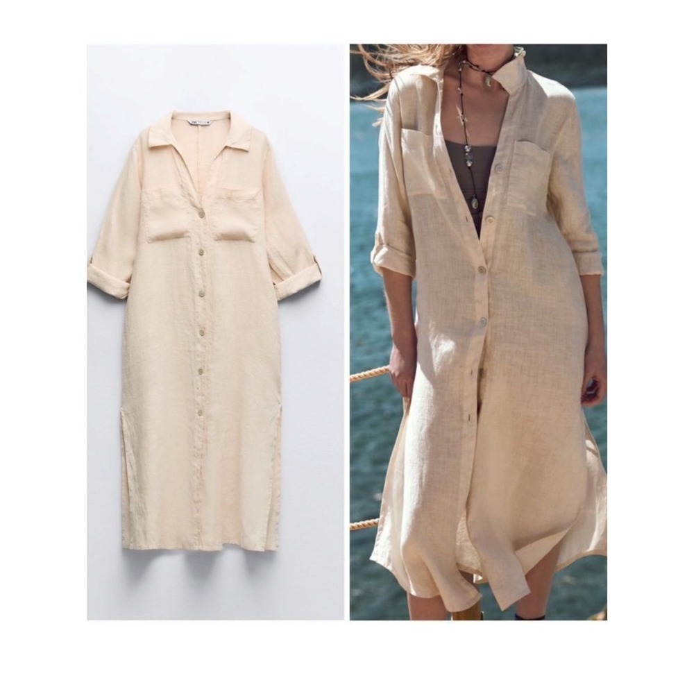 Zara Linen Shirt Dress Womens XL Midi Button Front Roll Tab Sleeve Slits